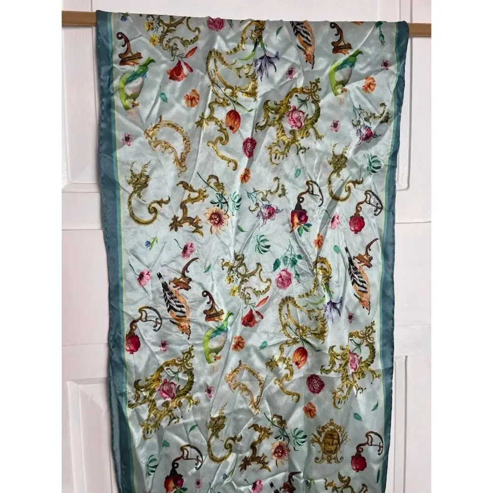 Satin Floral Bird Scarf Ice Blue Coquette Enchanting Rectangle Wrap‎ Neck Scarf